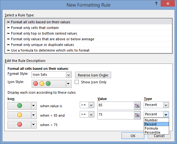 Excel 2013 - conditional formatting - Icon sets